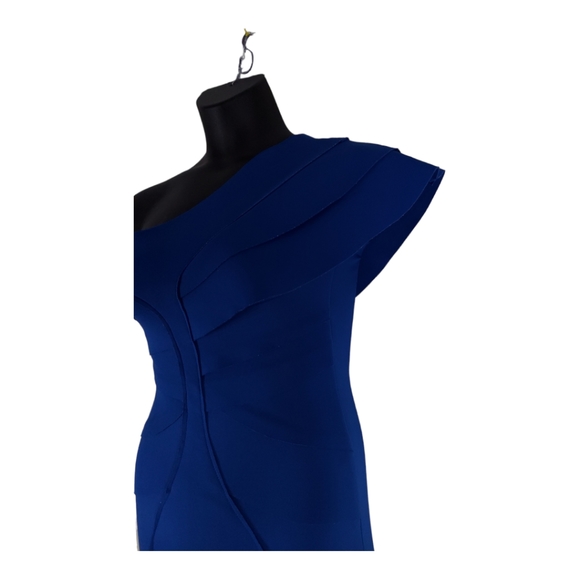 TS Three Seasons Sz 4 Dress One Shoulder Back Zipper Layered Raw Edges Blue NWOT - Picture 8 of 12